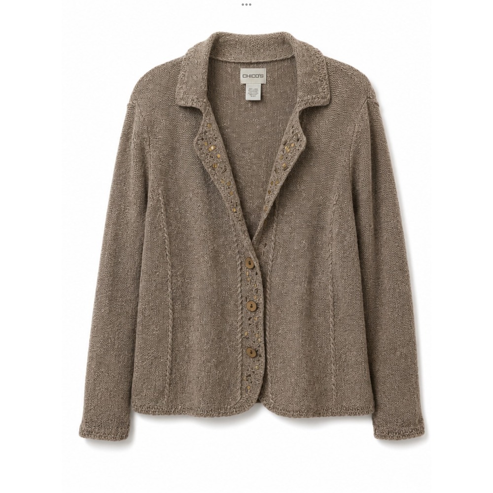 Chico's Cardigan Sweater Taupe Linen Blend Textured Beaded Sequin‎ M